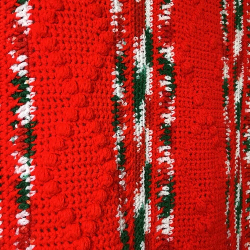 Vintage Christmas Crochet Granny Afghan Blanket Throw Candy Cane Stripe 66”x48”